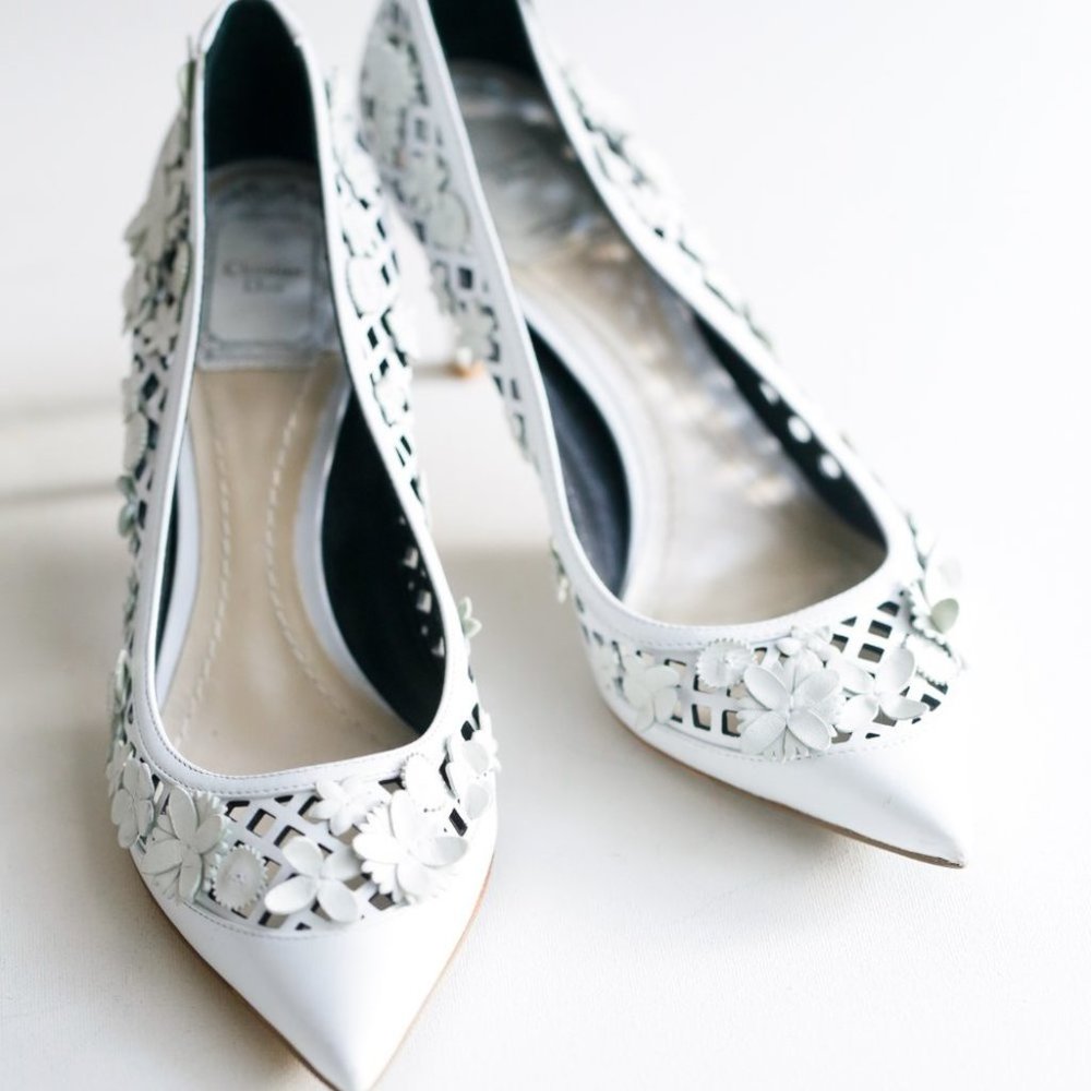 Christian Dior Laser Cut Floral White Leather Wedding Heels
